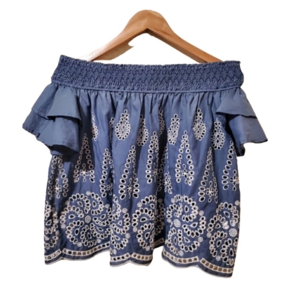 JJ's Fairyland Blouse Womens Size Medium Blue Off the Shoulder Crochet Boho Top